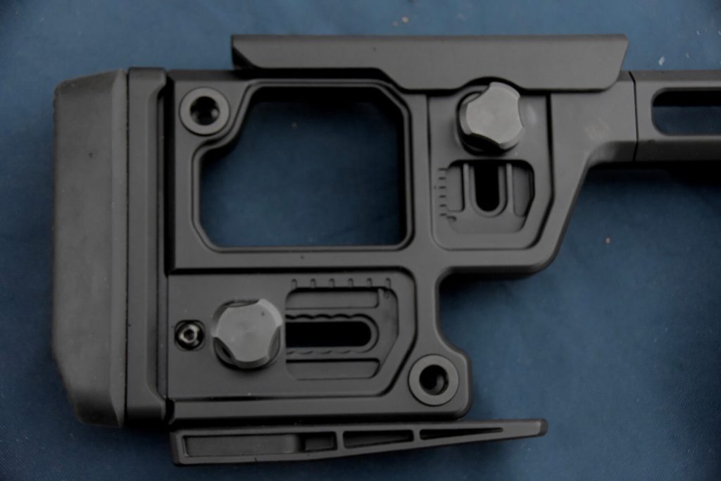 Closeup look at the adjustable buttstock on the Solus rifle.