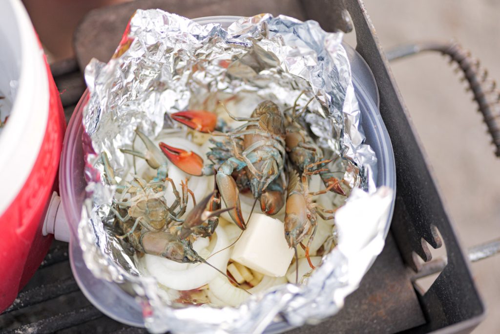 Live crawdads on prepped vegetables for some mountain hobo dinners