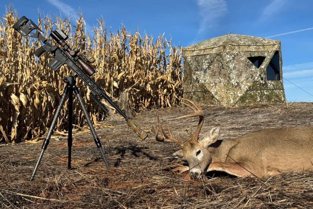 Barronett Blinds Hi-Five See-Through Hunting Blind with deer for the conclusion of a successful hunt