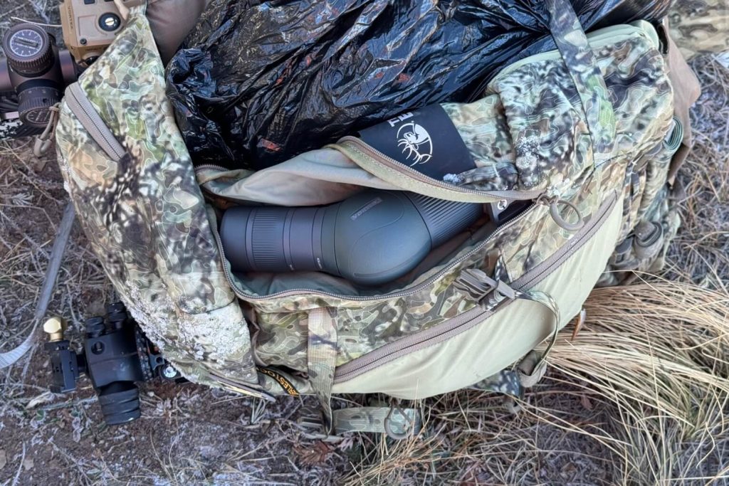 Side pocket large enough to fit a Vortex 27-60 spotting scope