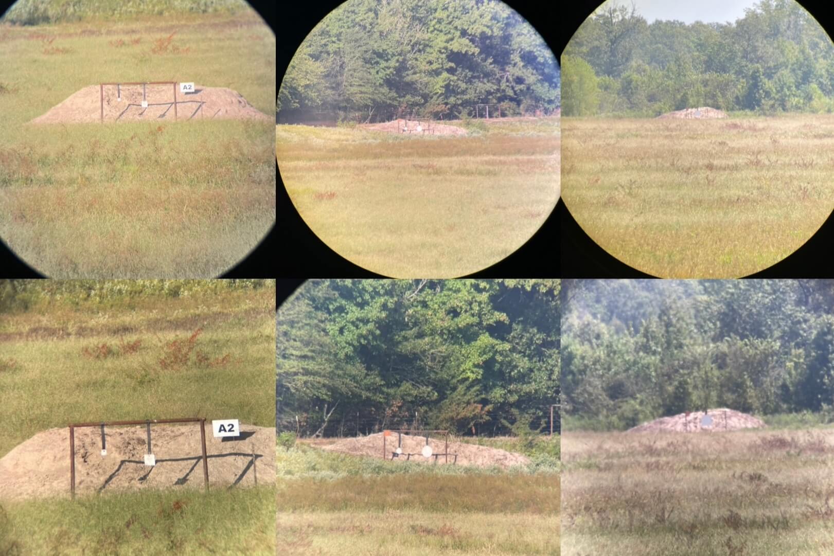 Top row of pictures at 27x, bottom row at 60x. From left to right: 217 yards, 929 yards, 1400 yards