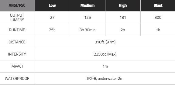 Mizpah 300 Lumens scale. 