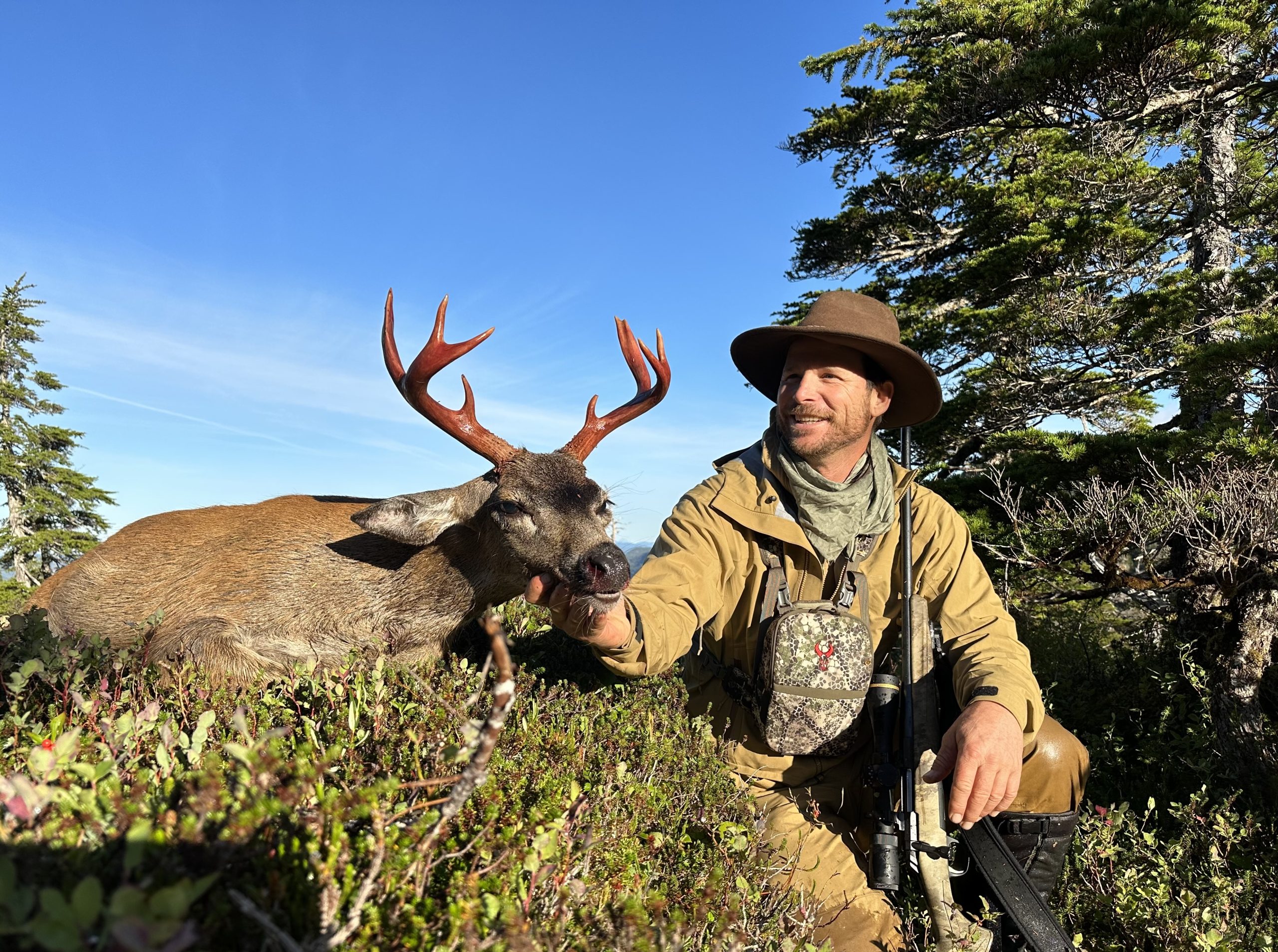 Hunter with Sitka blacktail buck near big evergreen trees