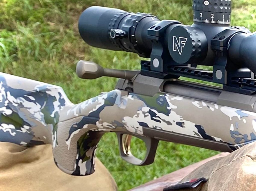 The camo Browning X-Bolt Speed with a closeup on the 60-degree bolt lift