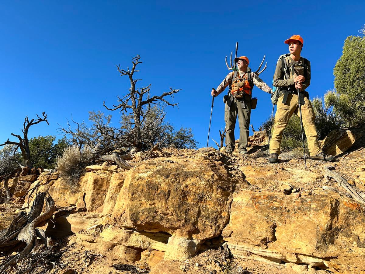 Two hunters in camo and orange packing a mule deer buck out of the desert.