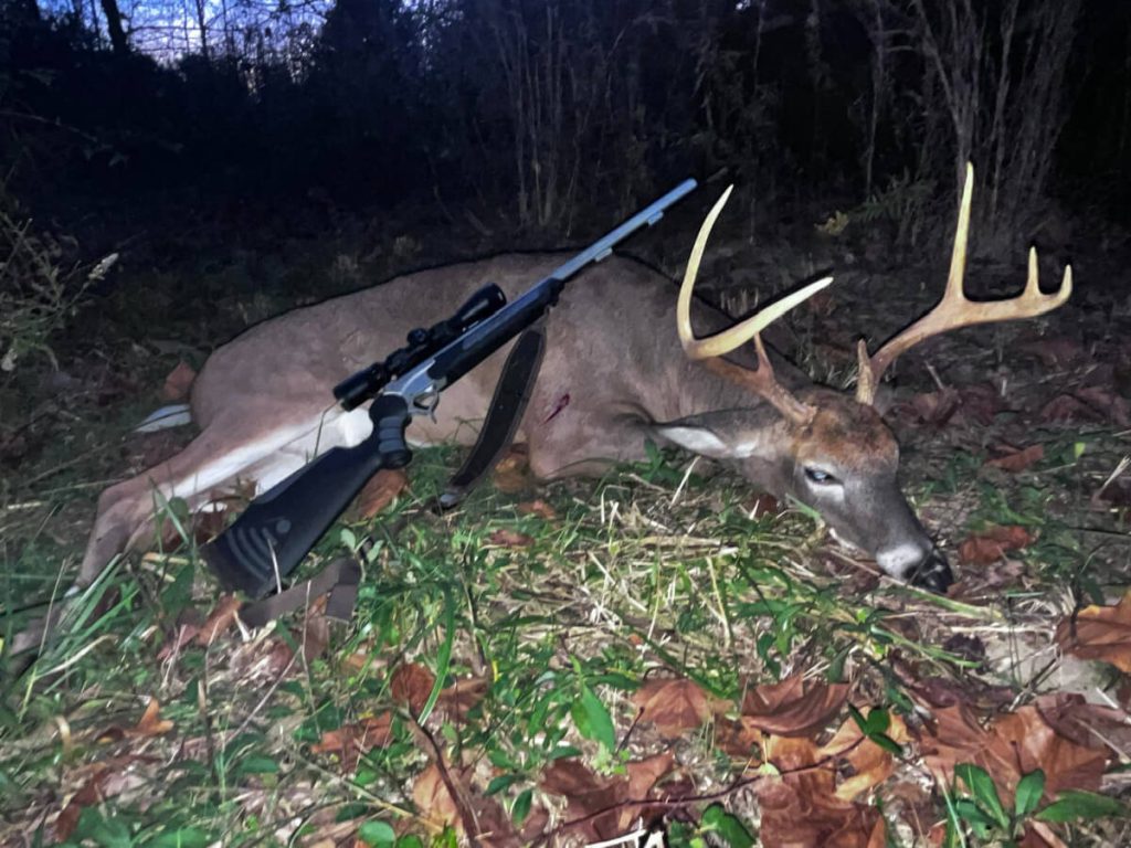 whitetail buck with muzzleloader